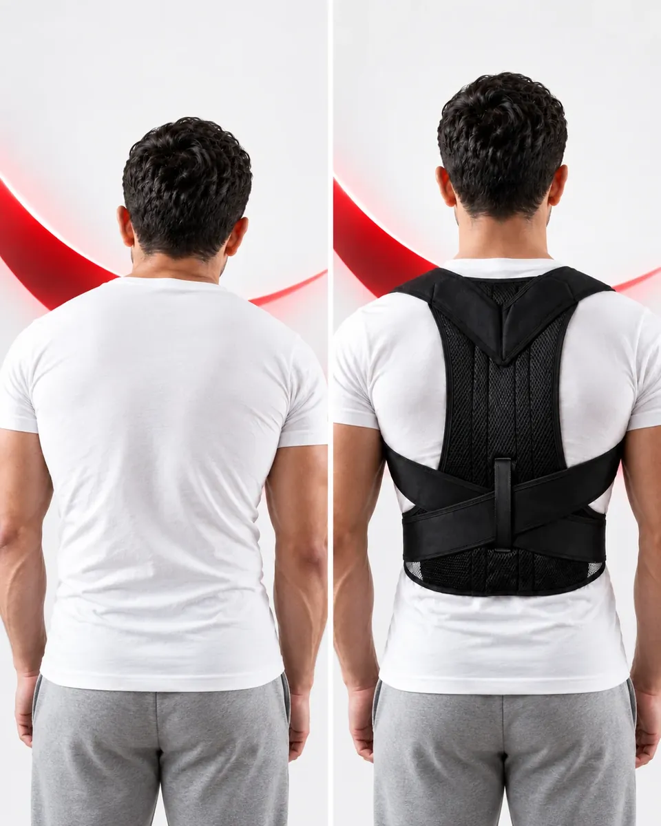 Comparaison de la même personne sans Medical Back Support puis avec le correcteur ajusté.