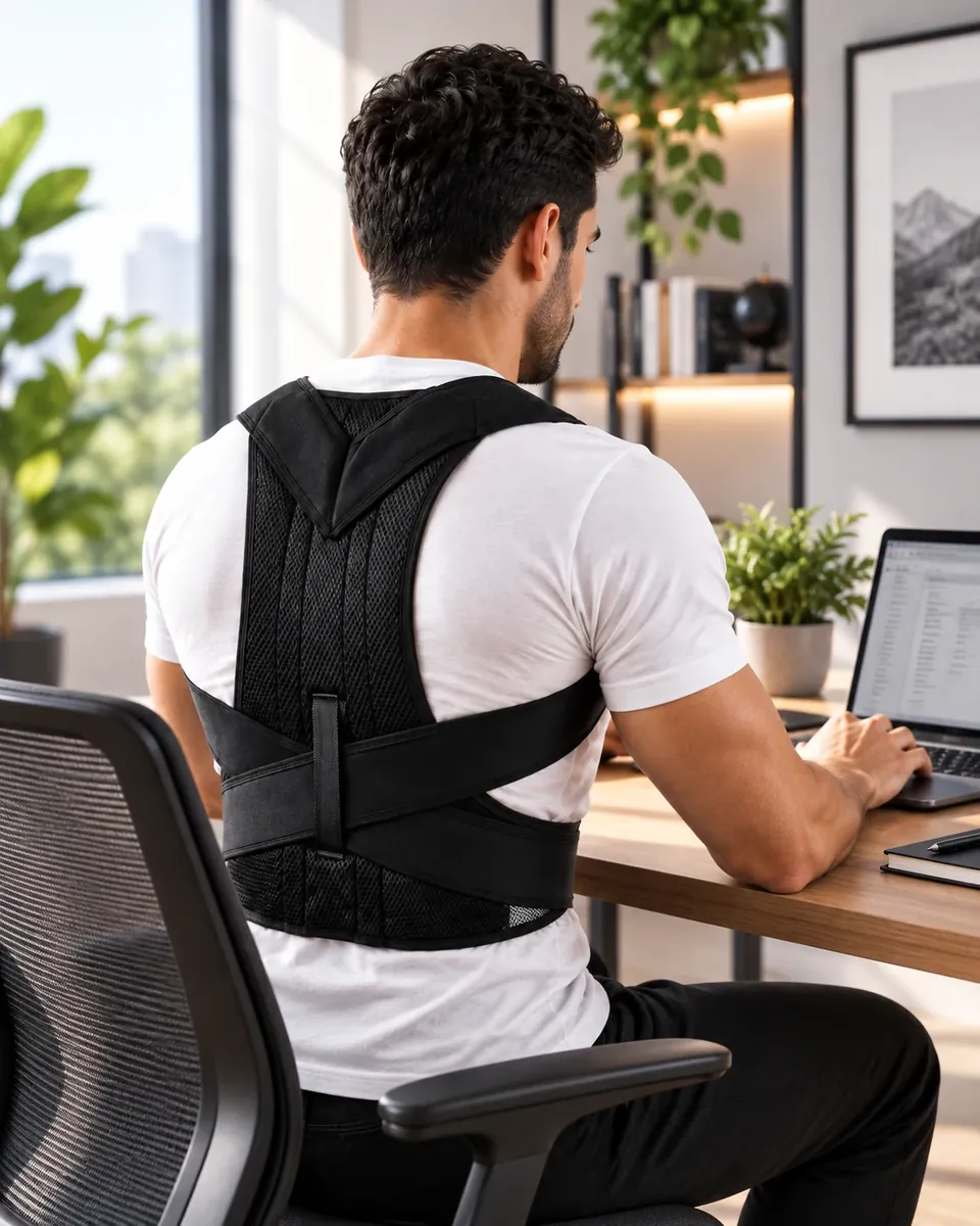 Personne assise à un bureau utilisant un correcteur de posture comme rappel de position.