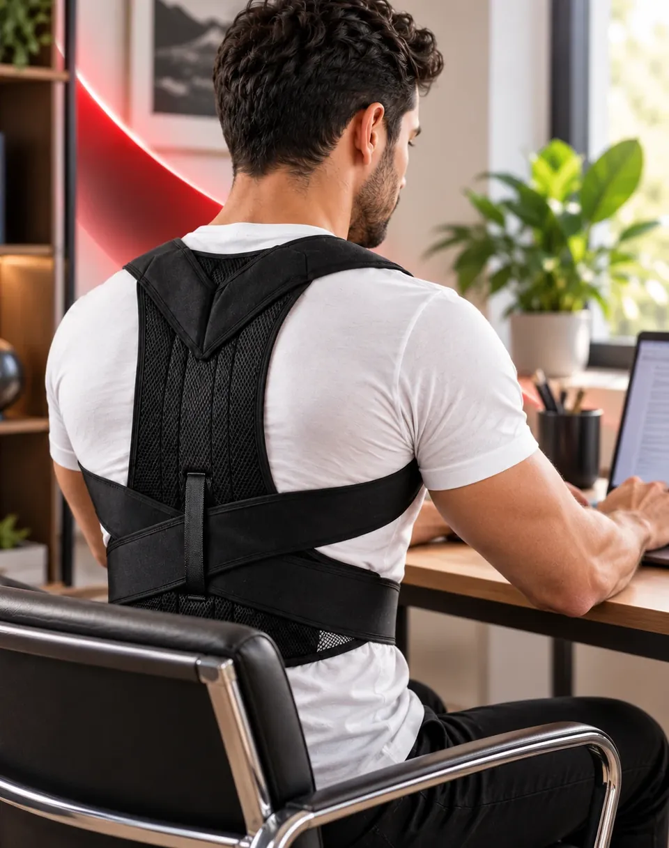 Personne portant un correcteur de posture pendant une routine assise prolongée.